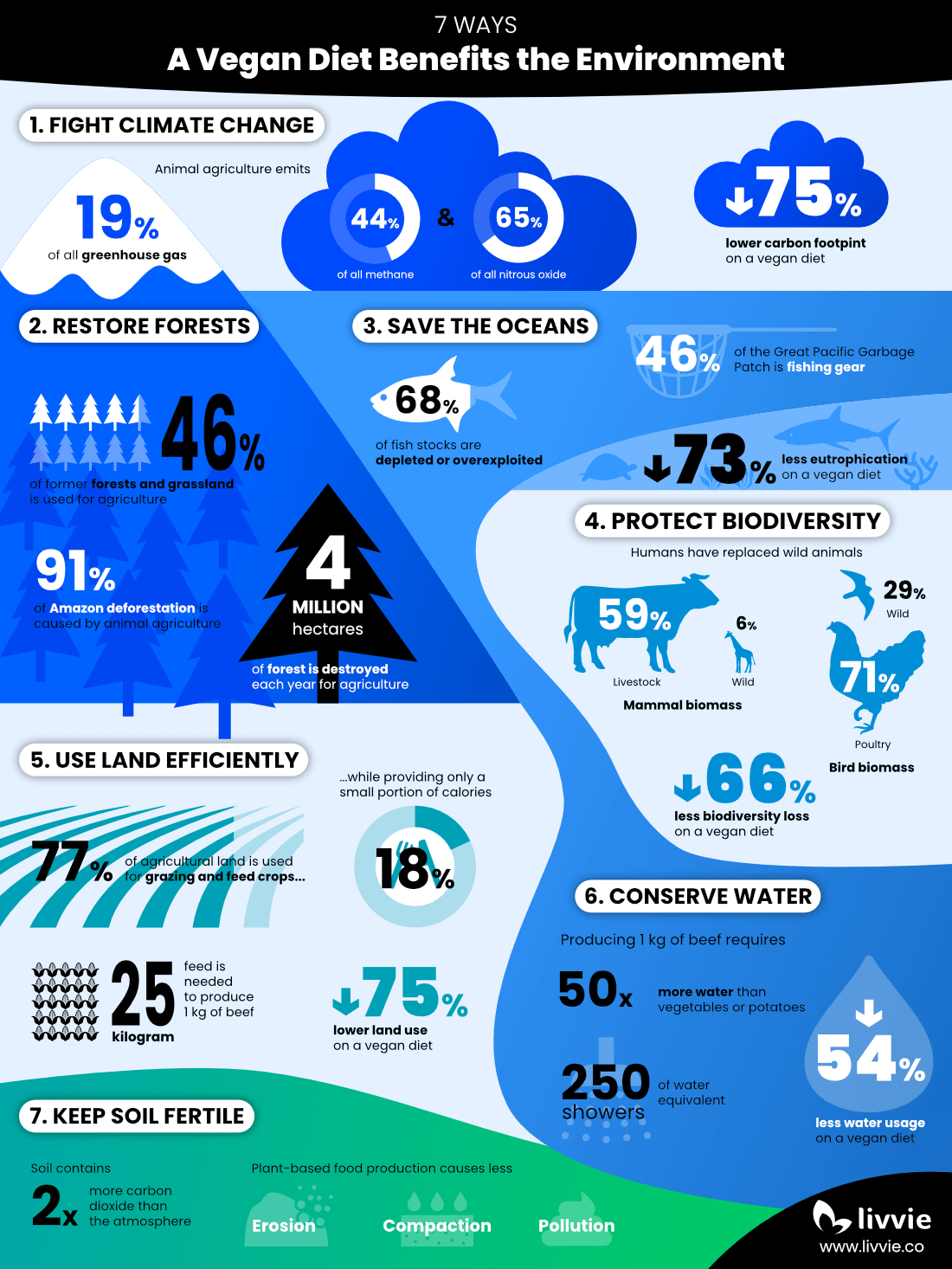 Infographic showing 7 ways how a vegan diet benefits the environment and statistics on the footprint of animal agriculture